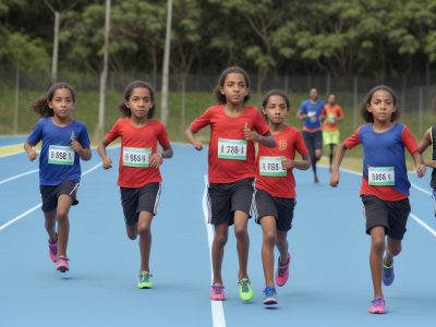 Crianças participando de jogos e brincadeiras na aula de educação física infantil, promovendo desenvolvimento e diversão.