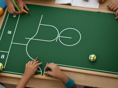 Crianças e jovens praticando educação física e aprendendo sobre teoria do futebol em ambiente escolar, demonstrando trabalho em equipe e aprendizado.