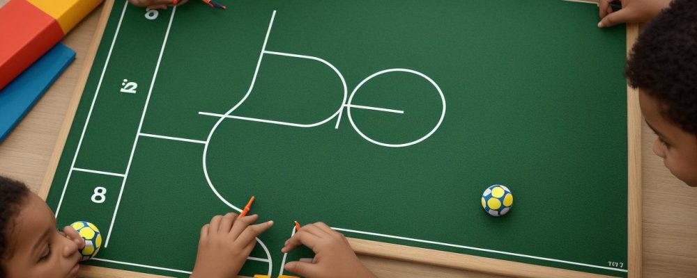Crianças e jovens praticando educação física e aprendendo sobre teoria do futebol em ambiente escolar, demonstrando trabalho em equipe e aprendizado.