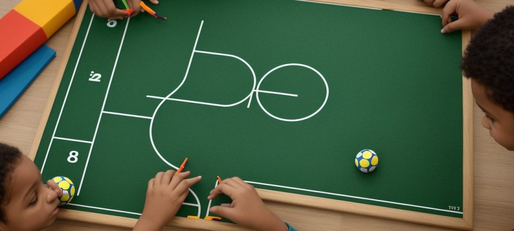 Crianças e jovens praticando educação física e aprendendo sobre teoria do futebol em ambiente escolar, demonstrando trabalho em equipe e aprendizado.