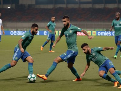 Imagem de um campo de futebol com jogadores em treinamento, destacando a educação física e a teoria do futebol.