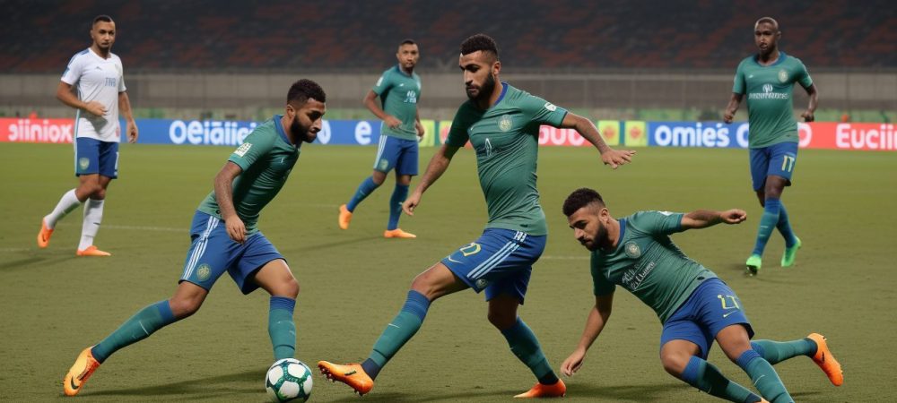 Imagem de um campo de futebol com jogadores em treinamento, destacando a educação física e a teoria do futebol.
