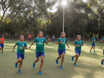 Crianças praticando atividades de educação física no ensino fundamental, com foco em jogos e brincadeiras para promover a saúde e desenvolvimento