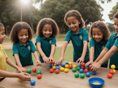 Crianças praticando atividades de educação física no ensino fundamental em um ambiente acolhedor e divertido, promovendo saúde e bem-estar.