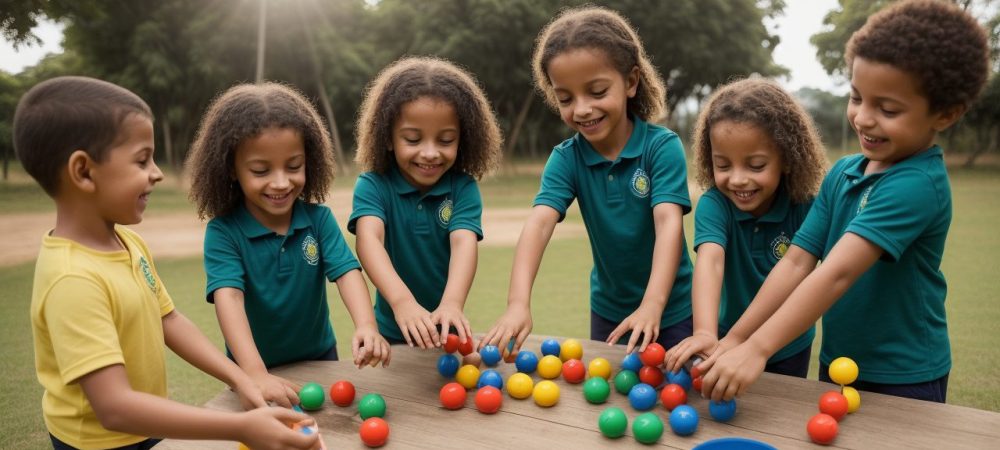 Crianças praticando atividades de educação física no ensino fundamental em um ambiente acolhedor e divertido, promovendo saúde e bem-estar.