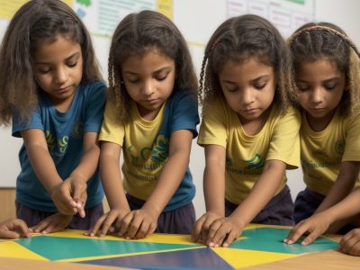 Crianças praticando atividades de educação física no ensino fundamental, promovendo saúde e integração social, em um ambiente escolar dinâmico.
