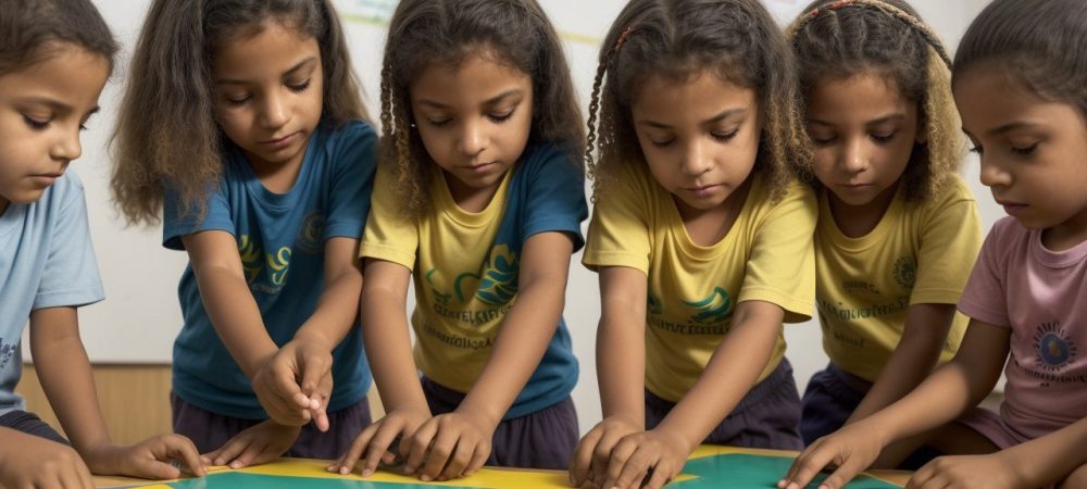 Crianças praticando atividades de educação física no ensino fundamental, promovendo saúde e integração social, em um ambiente escolar dinâmico.