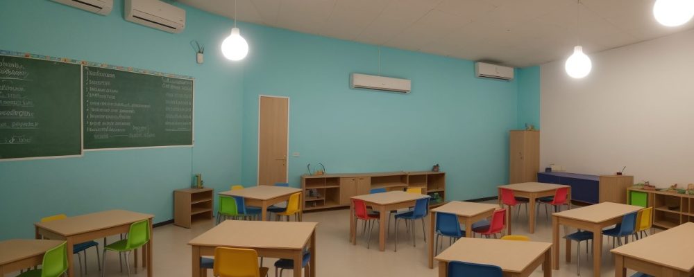 Imagem mostrando uma sala de aula inclusiva com alunos e educadores interagindo, focando em educação especial e deficiência física.