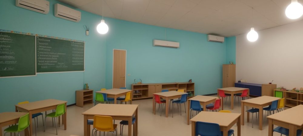 Imagem mostrando uma sala de aula inclusiva com alunos e educadores interagindo, focando em educação especial e deficiência física.
