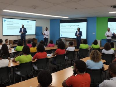 Crianças com deficiência física participando ativamente de atividades em sala de aula inclusiva, com apoio de recursos e professores.