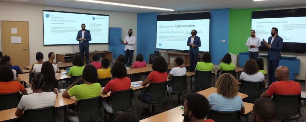 Crianças com deficiência física participando ativamente de atividades em sala de aula inclusiva, com apoio de recursos e professores.