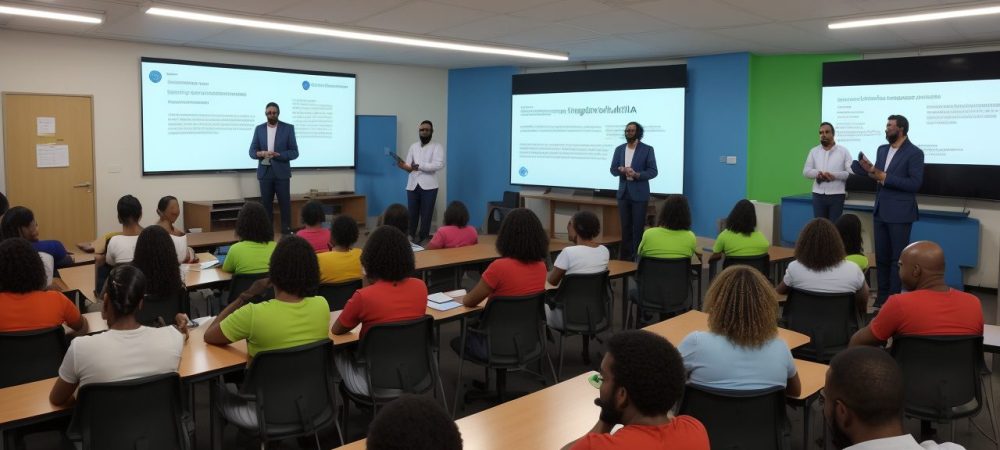 Crianças com deficiência física participando ativamente de atividades em sala de aula inclusiva, com apoio de recursos e professores.