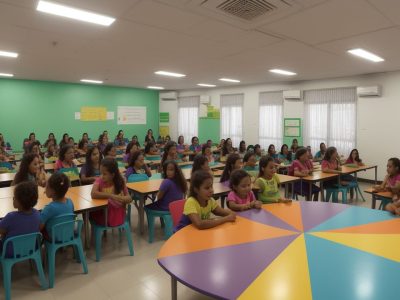 Crianças em sala de aula participando ativamente de atividades de educação inclusiva, demonstrando alegria e aprendizado conjunto.
