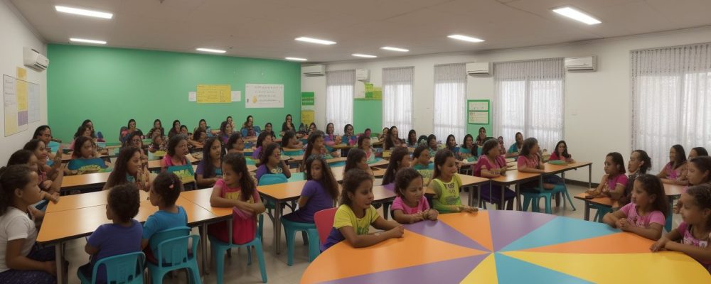 Crianças em sala de aula participando ativamente de atividades de educação inclusiva, demonstrando alegria e aprendizado conjunto.
