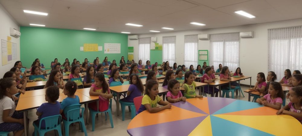 Crianças em sala de aula participando ativamente de atividades de educação inclusiva, demonstrando alegria e aprendizado conjunto.