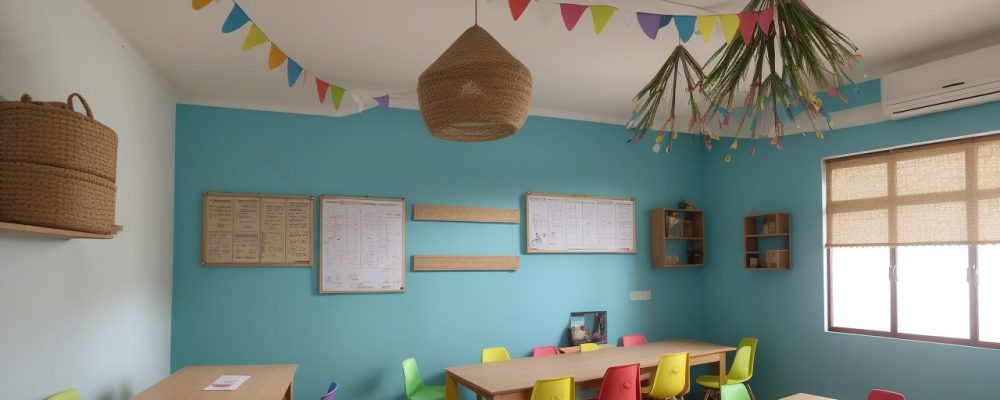 Imagem vibrante de sala de aula inclusiva, com alunos de diversas origens e necessidades especiais, interagindo e aprendendo juntos, celebrando a diversidade.
