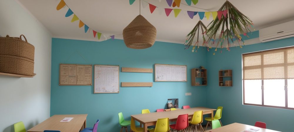 Imagem vibrante de sala de aula inclusiva, com alunos de diversas origens e necessidades especiais, interagindo e aprendendo juntos, celebrando a diversidade.