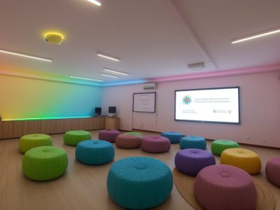 Sala de aula inclusiva com alunos e professores interagindo e utilizando recursos pedagógicos adaptados para educação especial