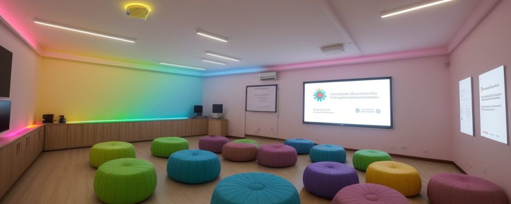 Sala de aula inclusiva com alunos e professores interagindo e utilizando recursos pedagógicos adaptados para educação especial
