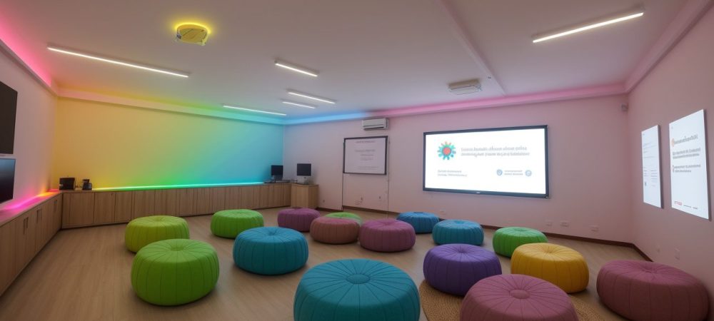 Sala de aula inclusiva com alunos e professores interagindo e utilizando recursos pedagógicos adaptados para educação especial
