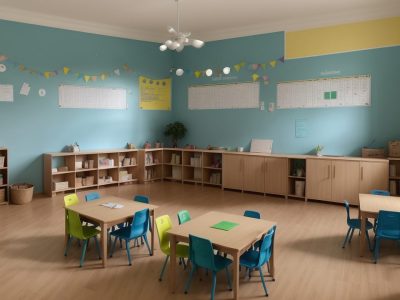 Professora sorrindo e interagindo com alunos de diversas origens em uma sala de aula que promove a educação inclusiva e atende necessidades educacionais especiais.