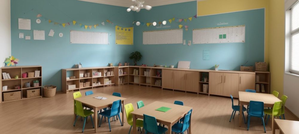 Professora sorrindo e interagindo com alunos de diversas origens em uma sala de aula que promove a educação inclusiva e atende necessidades educacionais especiais.