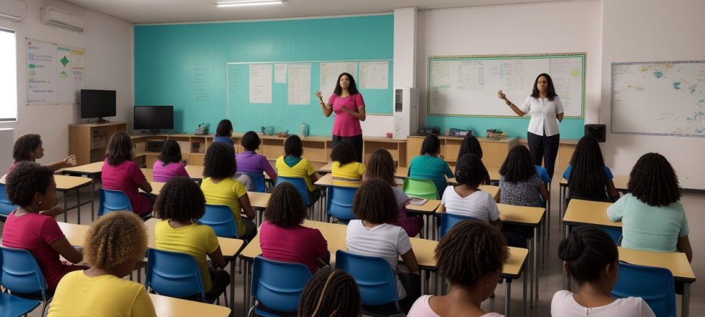 Educação Inclusiva: Alunos e Professores em Sala de Aula Acolhedora Professora e alunos em sala de aula inclusiva, com recursos de apoio e ambiente acolhedor, promovendo a educação inclusiva e neuropsicopedagogia.