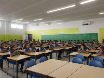 Alunos em debate sobre identidade de gênero em ambiente escolar acolhedor e inclusivo, com livros e materiais educativos.