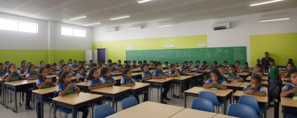 Alunos em debate sobre identidade de gênero em ambiente escolar acolhedor e inclusivo, com livros e materiais educativos.