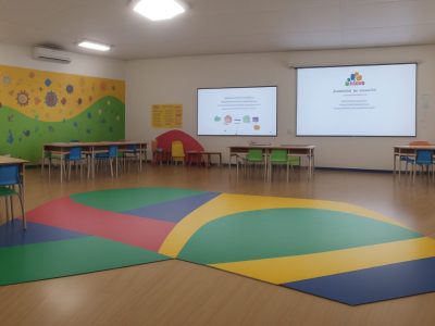 Professor especializado em educação especial interagindo com alunos em sala de aula inclusiva, com foco no aprendizado colaborativo e adaptação curricular.