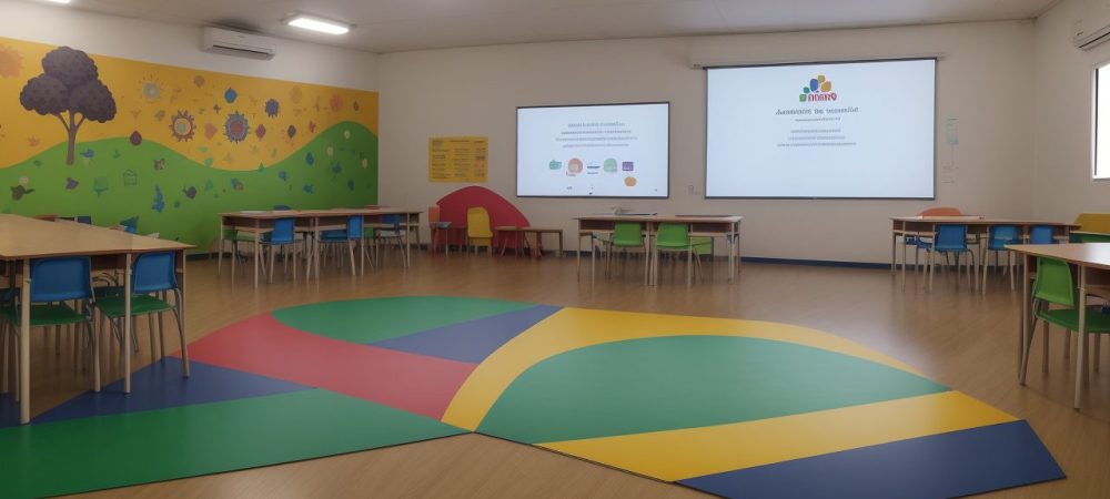 Professor especializado em educação especial interagindo com alunos em sala de aula inclusiva, com foco no aprendizado colaborativo e adaptação curricular.