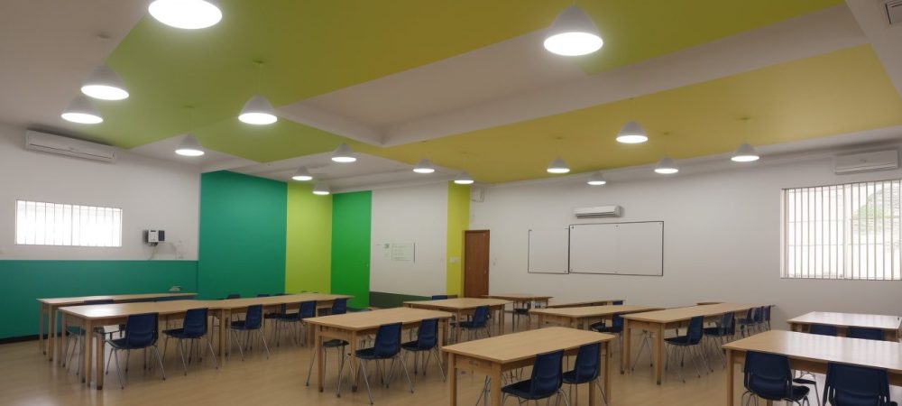 Alunos em sala de aula com recursos visuais e adaptação curricular, representando a educação inclusiva.