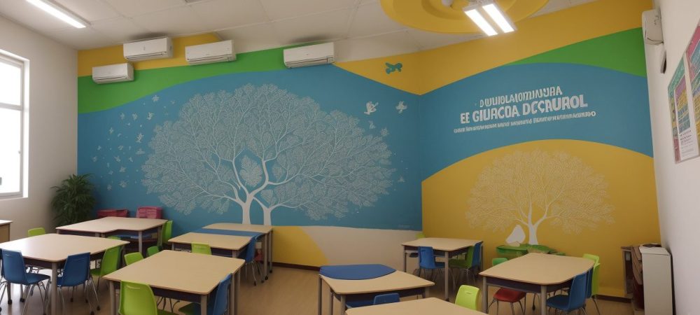 Sala de aula inclusiva com alunos de diferentes origens e necessidades, focando em educação especial e respeito.