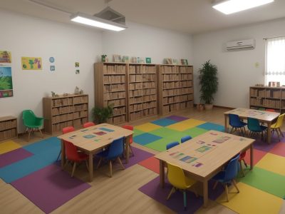 Crianças em sala de aula inclusiva, utilizando recursos pedagógicos para educação especial, com foco no aprendizado colaborativo e acessível.