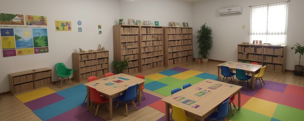 Crianças em sala de aula inclusiva, utilizando recursos pedagógicos para educação especial, com foco no aprendizado colaborativo e acessível.