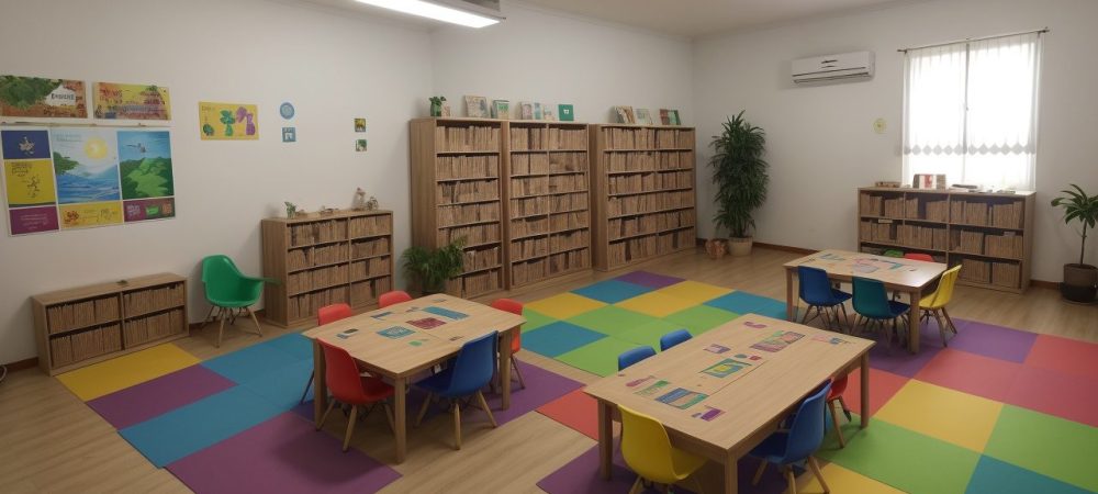 Crianças em sala de aula inclusiva, utilizando recursos pedagógicos para educação especial, com foco no aprendizado colaborativo e acessível.