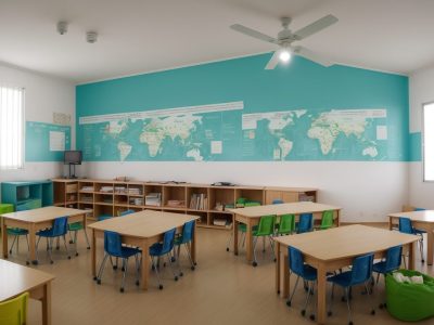 Representação de sala de aula inclusiva, com crianças de diversas habilidades interagindo com tecnologias assistivas e materiais adaptados, promovendo a inclusão escolar.