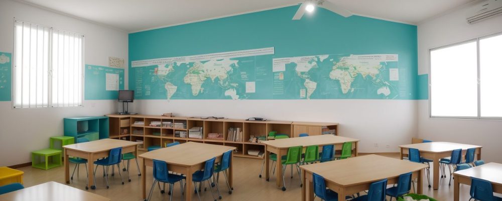 Representação de sala de aula inclusiva, com crianças de diversas habilidades interagindo com tecnologias assistivas e materiais adaptados, promovendo a inclusão escolar.