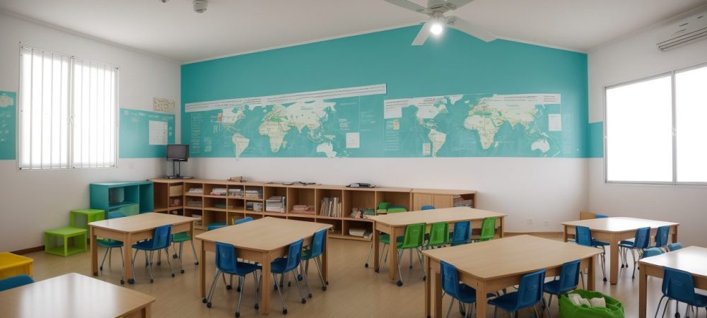 Representação de sala de aula inclusiva, com crianças de diversas habilidades interagindo com tecnologias assistivas e materiais adaptados, promovendo a inclusão escolar.