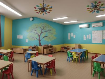Sala de aula inclusiva com alunos de diversas necessidades educacionais especiais, promovendo a colaboração e o aprendizado.