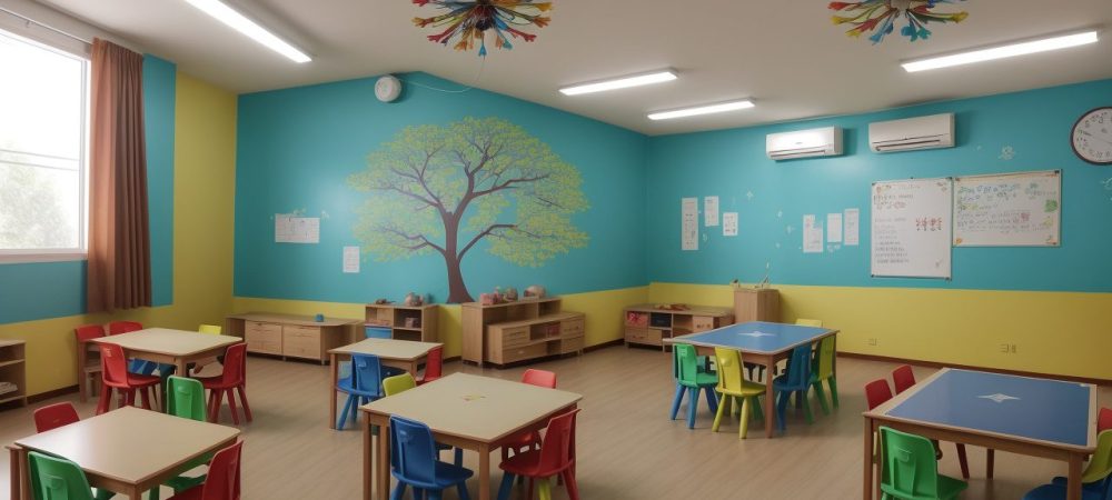 Sala de aula inclusiva com alunos de diversas necessidades educacionais especiais, promovendo a colaboração e o aprendizado.
