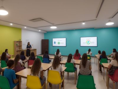 Visão geral de uma sala de aula inclusiva, com alunos e professores interagindo, com foco em intervenções psicopedagógicas.
