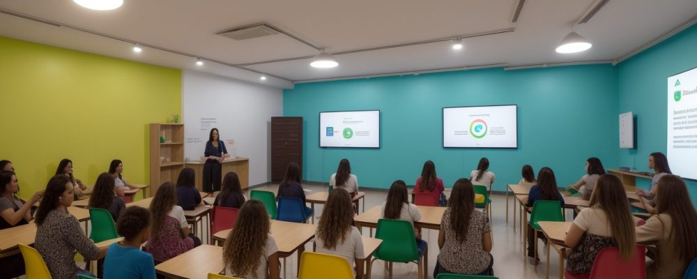 Visão geral de uma sala de aula inclusiva, com alunos e professores interagindo, com foco em intervenções psicopedagógicas.
