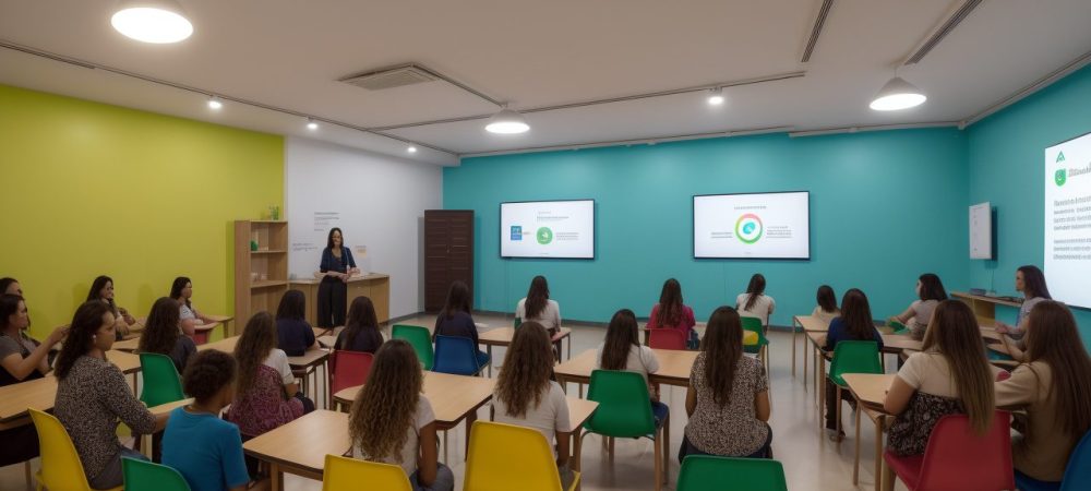 Visão geral de uma sala de aula inclusiva, com alunos e professores interagindo, com foco em intervenções psicopedagógicas.