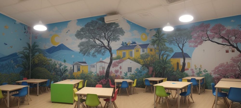 Sala de aula inclusiva com alunos utilizando tecnologias assistivas e materiais didáticos acessíveis para aprendizado.