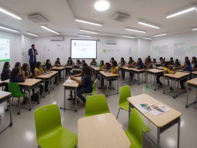 Uma sala de aula diversa, com alunos e professor discutindo estudos de gênero e identidade de gênero em um ambiente acolhedor e inclusivo.