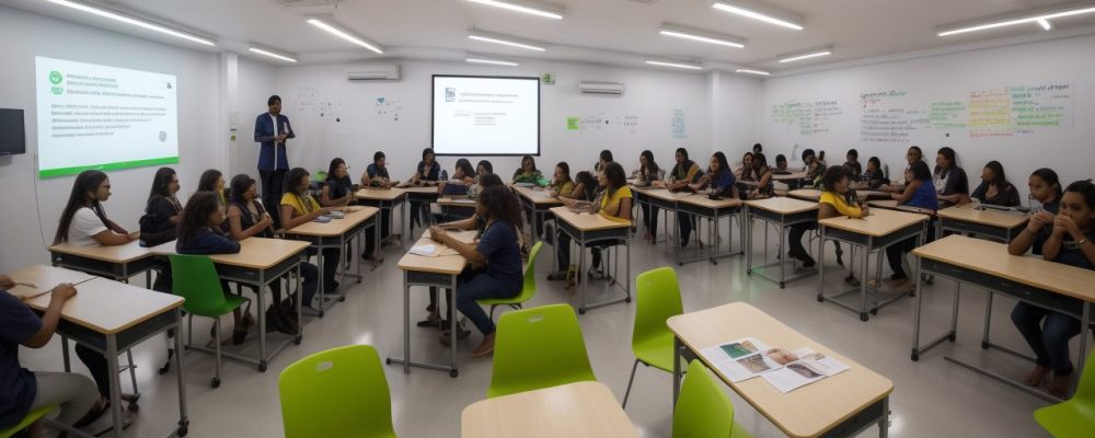 Uma sala de aula diversa, com alunos e professor discutindo estudos de gênero e identidade de gênero em um ambiente acolhedor e inclusivo.