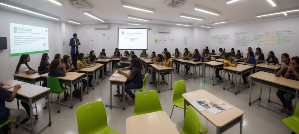 Educação Inclusiva: Sexo e Gênero na Sala de Aula Uma sala de aula diversa, com alunos e professor discutindo estudos de gênero e identidade de gênero em um ambiente acolhedor e inclusivo.
