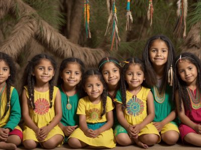 Imagem vibrante mostrando a educação indígena como celebração de saberes e culturas, com símbolos e elementos visuais que representam a valorização da identidade e tradições dos povos indígenas.