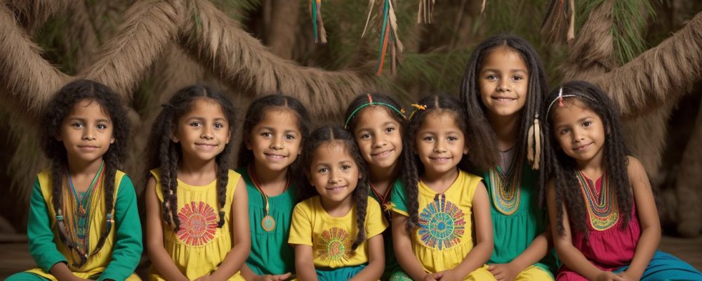 Imagem vibrante mostrando a educação indígena como celebração de saberes e culturas, com símbolos e elementos visuais que representam a valorização da identidade e tradições dos povos indígenas.